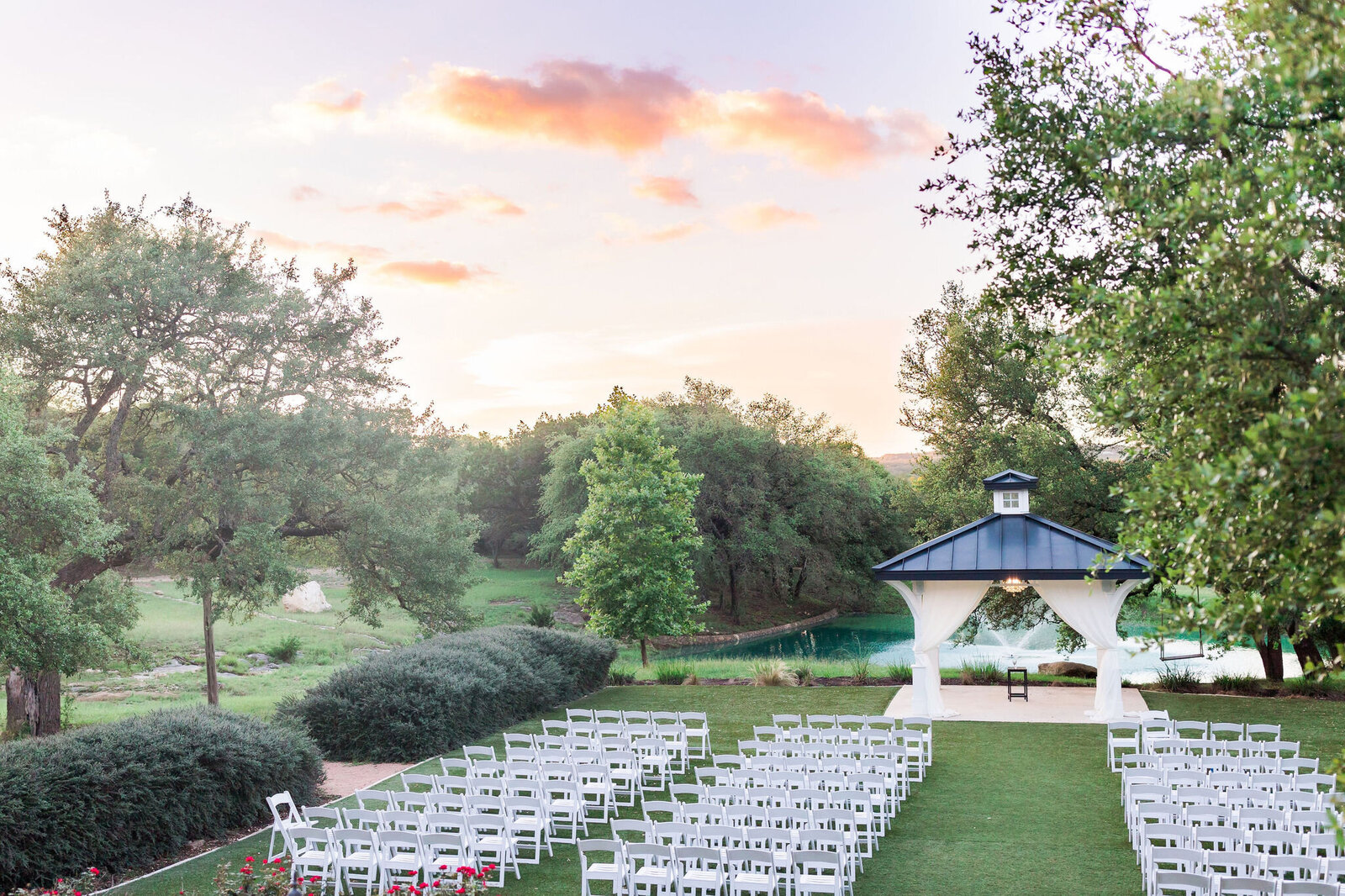 Aerial view of the Acre 31 gazebo set up for an outdoor ceremony.